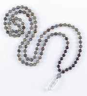 mala beads, mala necklace, labradorite, red garnet, pyrite, clear quartz